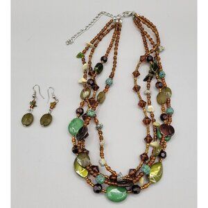 Multi-Strand Necklace and Matching Earrings Set Stone Plastic and Metallic Beads